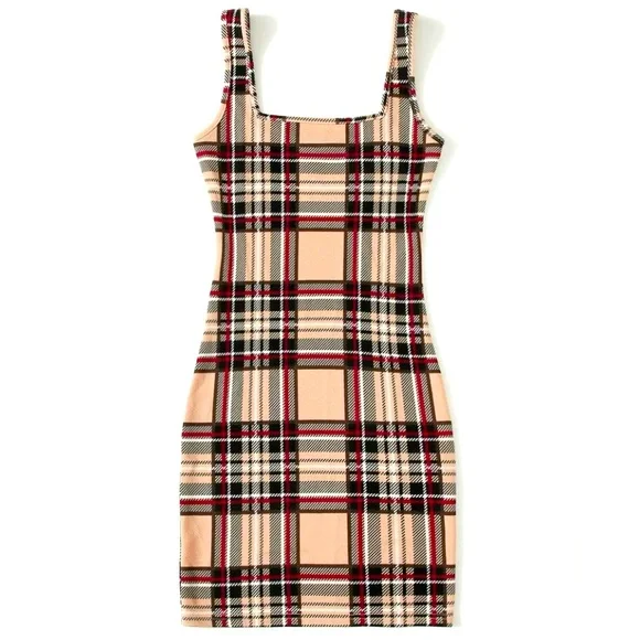 Double Square Neck Plaid Bodycon Mini Dress, Women’s Size Medium. - Picture 1 of 5